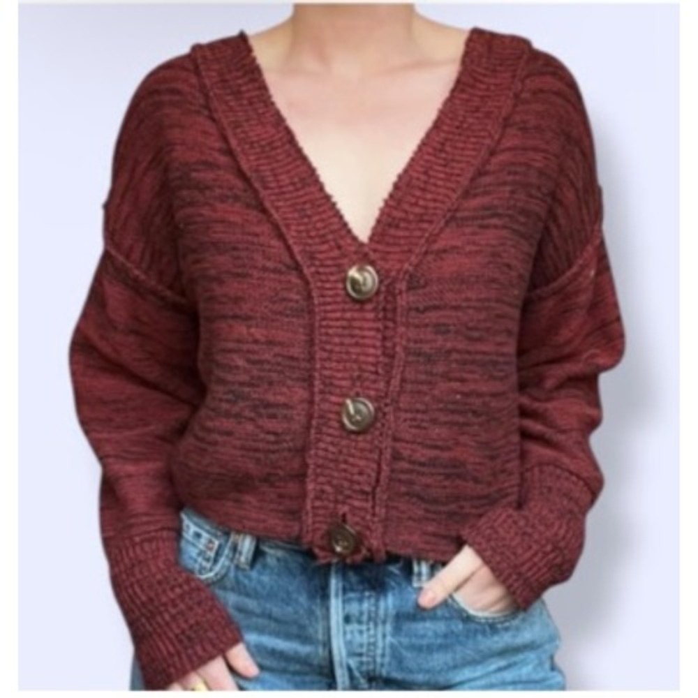 Urban Outfitters Burgundy Cropped Cardigan Sweater Button Down Knit Top XS